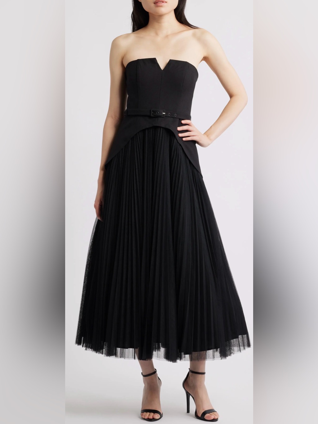 New Hutch Lilibet Strapless Pleated Mixed Media Black Gown Sz 6
